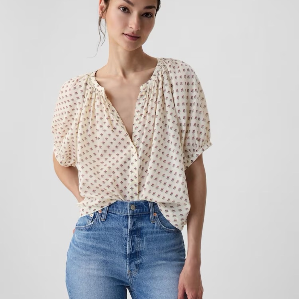 Gap x Doen Cream Floral Short Sleeve Blouse